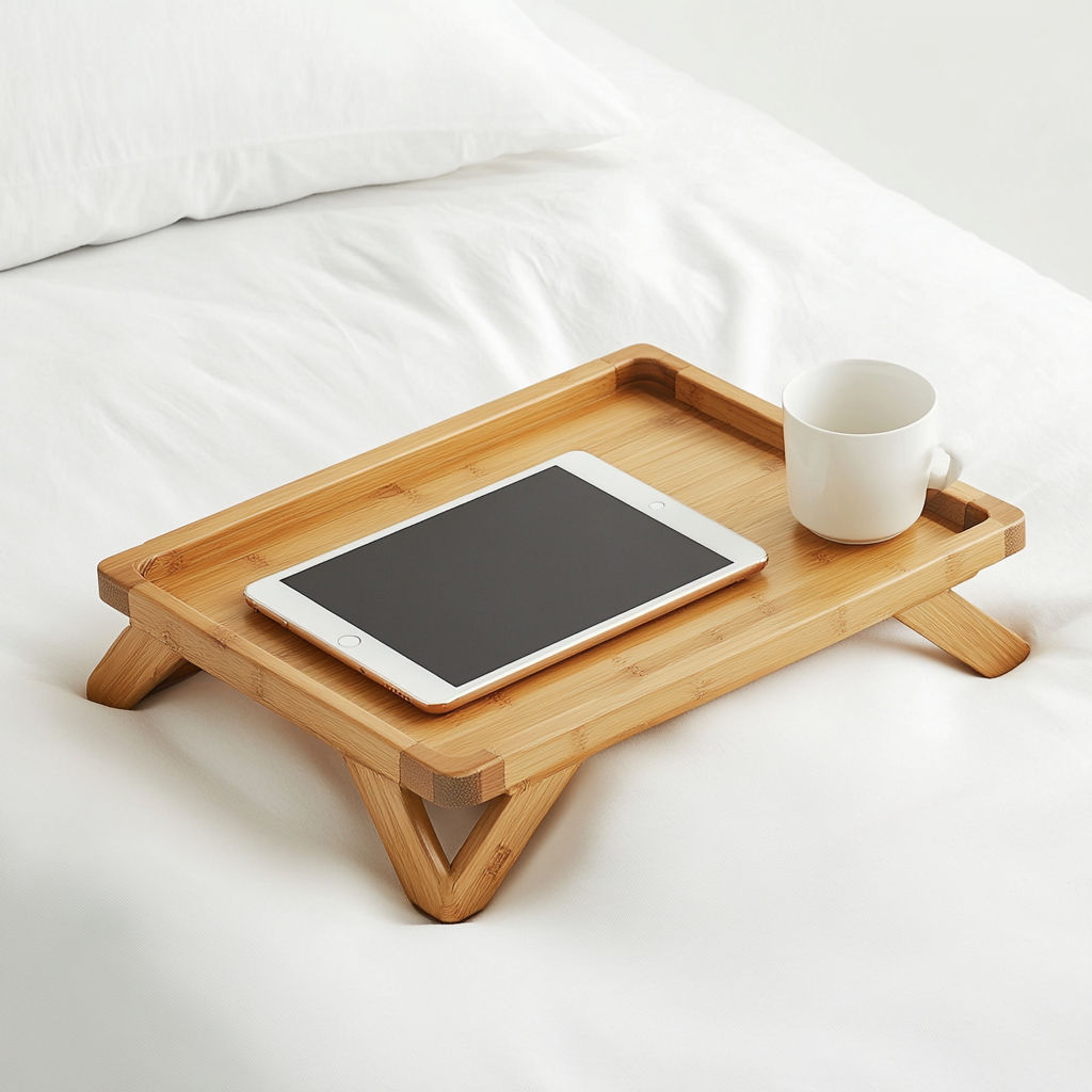 Gavix Natural Bamboo Bed Tray - Folding Legs Breakfast in Bed Table - Integrated Tablet & Phone Holder - Lightweight Portable Serving Tray - Natural Wood