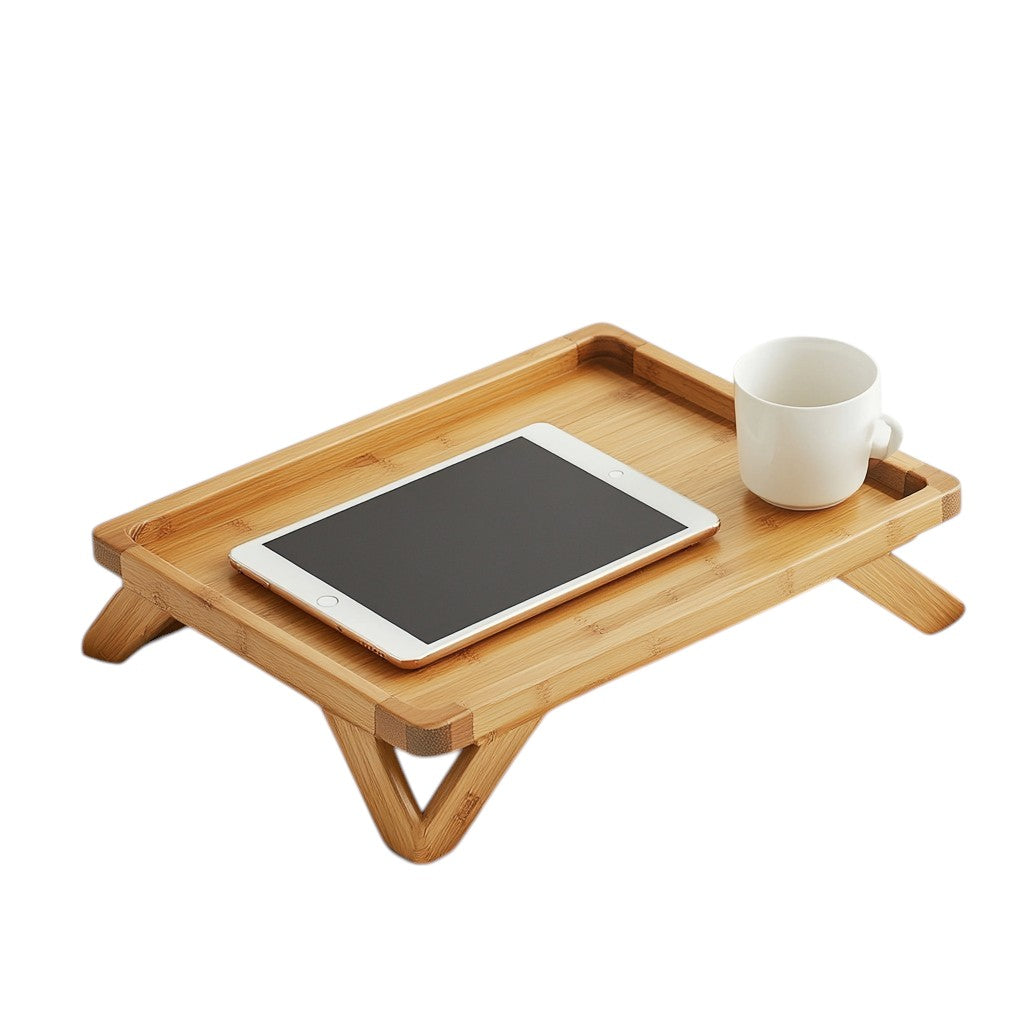 Gavix Natural Bamboo Bed Tray - Folding Legs Breakfast in Bed Table - Integrated Tablet & Phone Holder - Lightweight Portable Serving Tray - Natural Wood