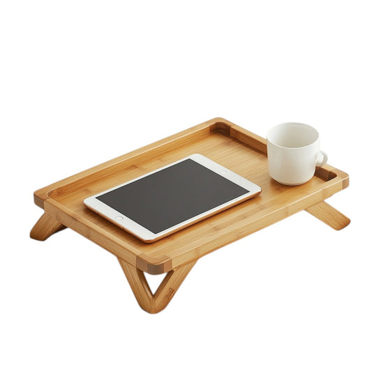 Gavix Natural Bamboo Bed Tray - Folding Legs Breakfast in Bed Table - Integrated Tablet & Phone Holder - Lightweight Portable Serving Tray - Natural Wood