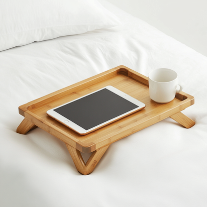 Gavix Natural Bamboo Bed Tray - Folding Legs Breakfast in Bed Table - Integrated Tablet & Phone Holder - Lightweight Portable Serving Tray - Natural Wood