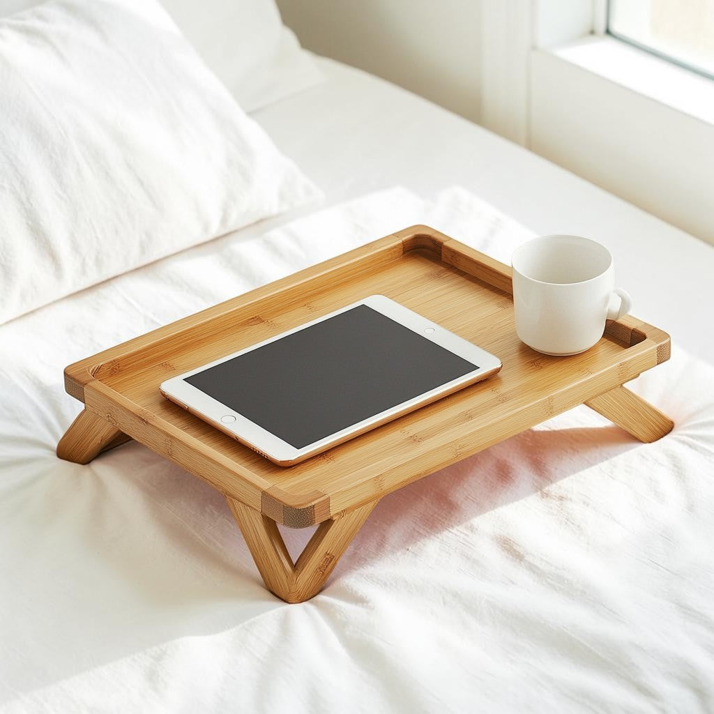 Gavix Natural Bamboo Bed Tray - Folding Legs Breakfast in Bed Table - Integrated Tablet & Phone Holder - Lightweight Portable Serving Tray - Natural Wood